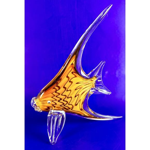 Murano Style Art Glass Sculpture Angel Fish 11” Tall Yellow Orange Tangerine - Picture 1 of 9